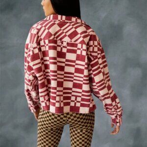 UO BDG Caleb Red & White Loose Boxy Fit Cropped Flannel Shirt Size Small